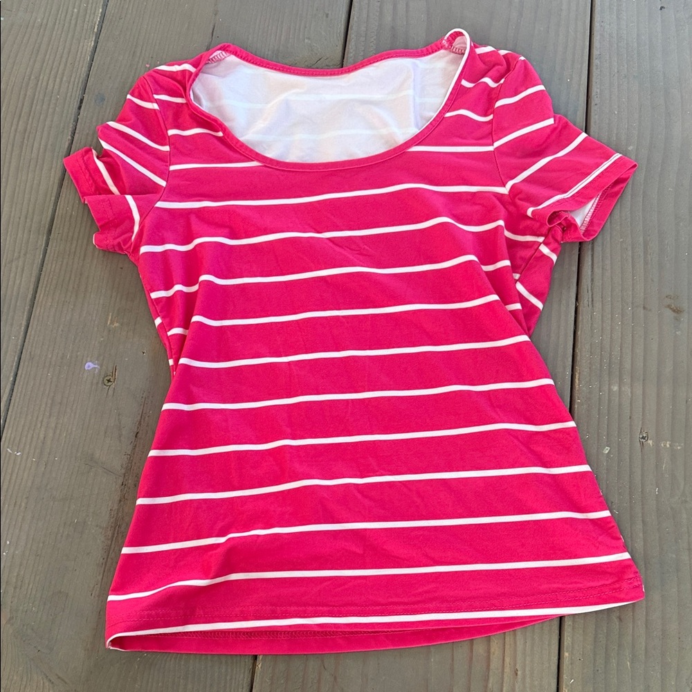 Amazon Pink and White Striped Short Sleeve Tee